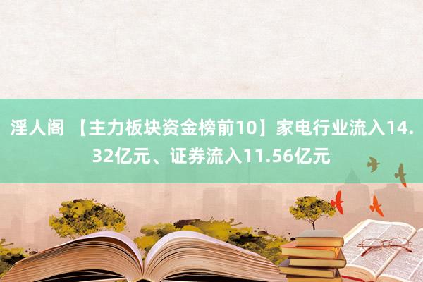 淫人阁 【主力板块资金榜前10】家电行业流入14.32亿元、证券流入11.56亿元